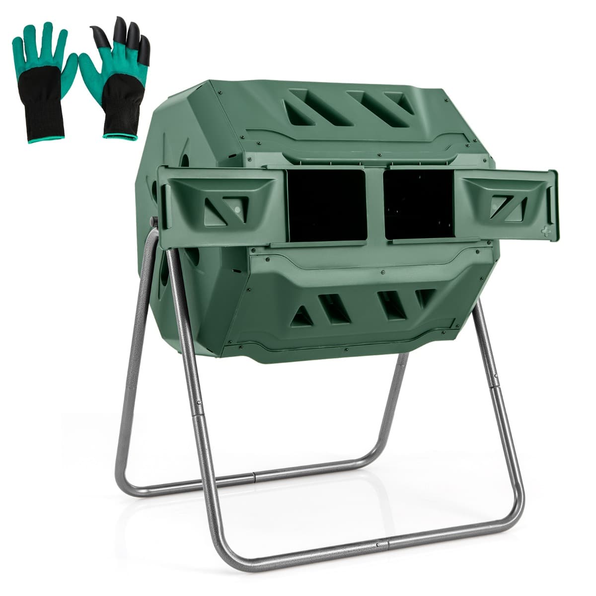 CostwayComposteur 160 L à Double Chambre Bac à Compost Cadre en Métal Rotatif 360° avec 2 Portes Coulissantes Trous Aération sans BPA Vert